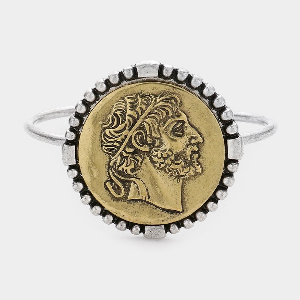 Vintage Two Tone Round Pendant Coin Cuff Metal Bracelet Statement Disc Charm